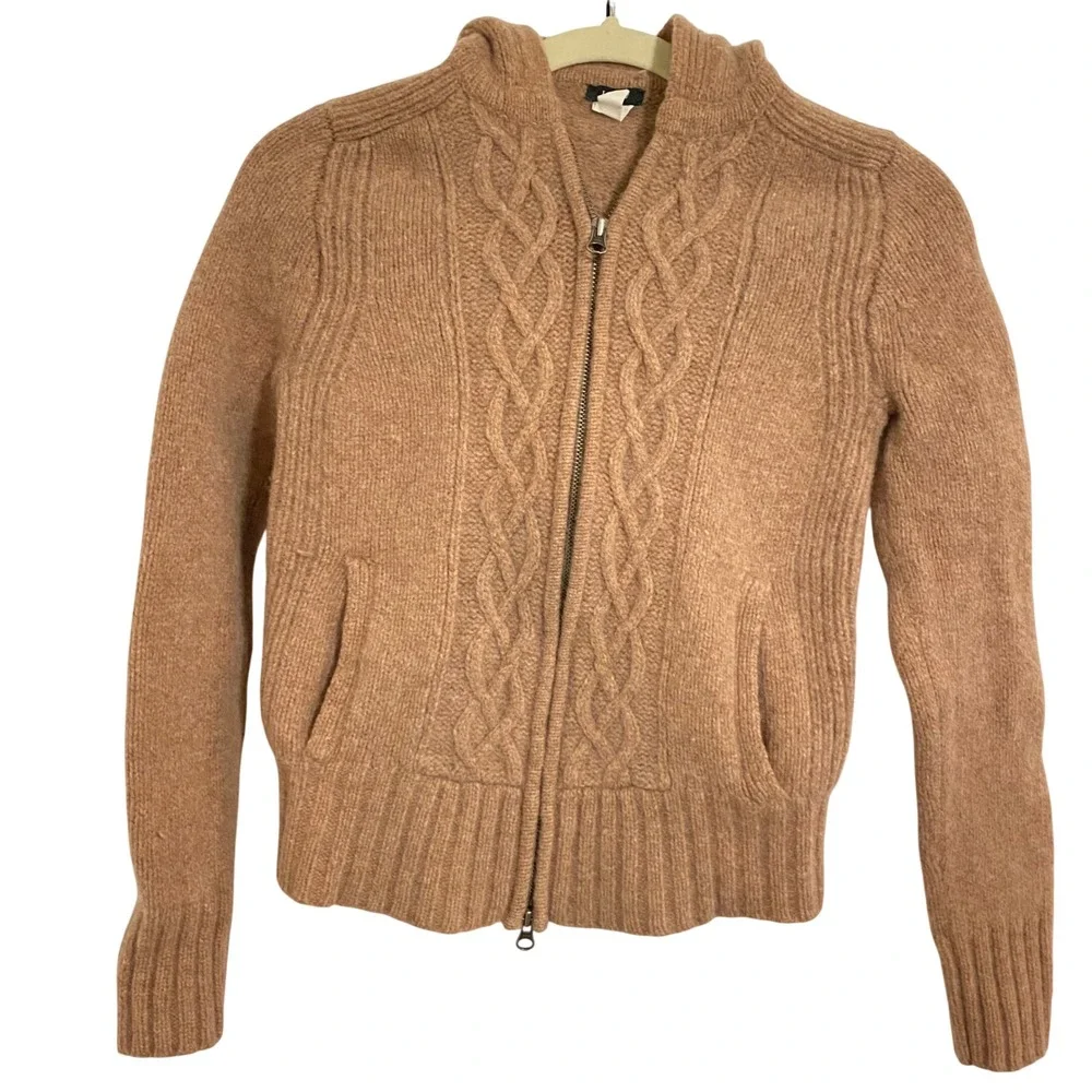 J. Crew Cabincore Cable Knit Hoodie Women Small Tan Brown Zip Front Wool Sweater